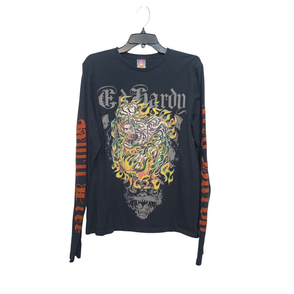 Ed Hardy Men's Tiger Flames Long Sleeve Tee Black Medium